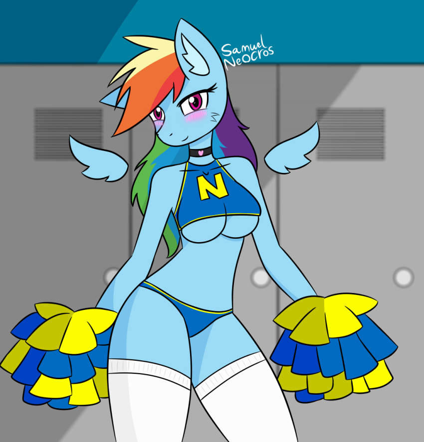 anthro athletic athletic_anthro breasts cheerleader cheerleader_outfit clothing crop_top equid equine female floating_wings friendship_is_magic hasbro legwear looking_at_viewer mammal my_little_pony panties pegasus pom_poms rainbow_dash_(mlp) samuel-neocros shirt solo stockings topwear under_boob underwear wings