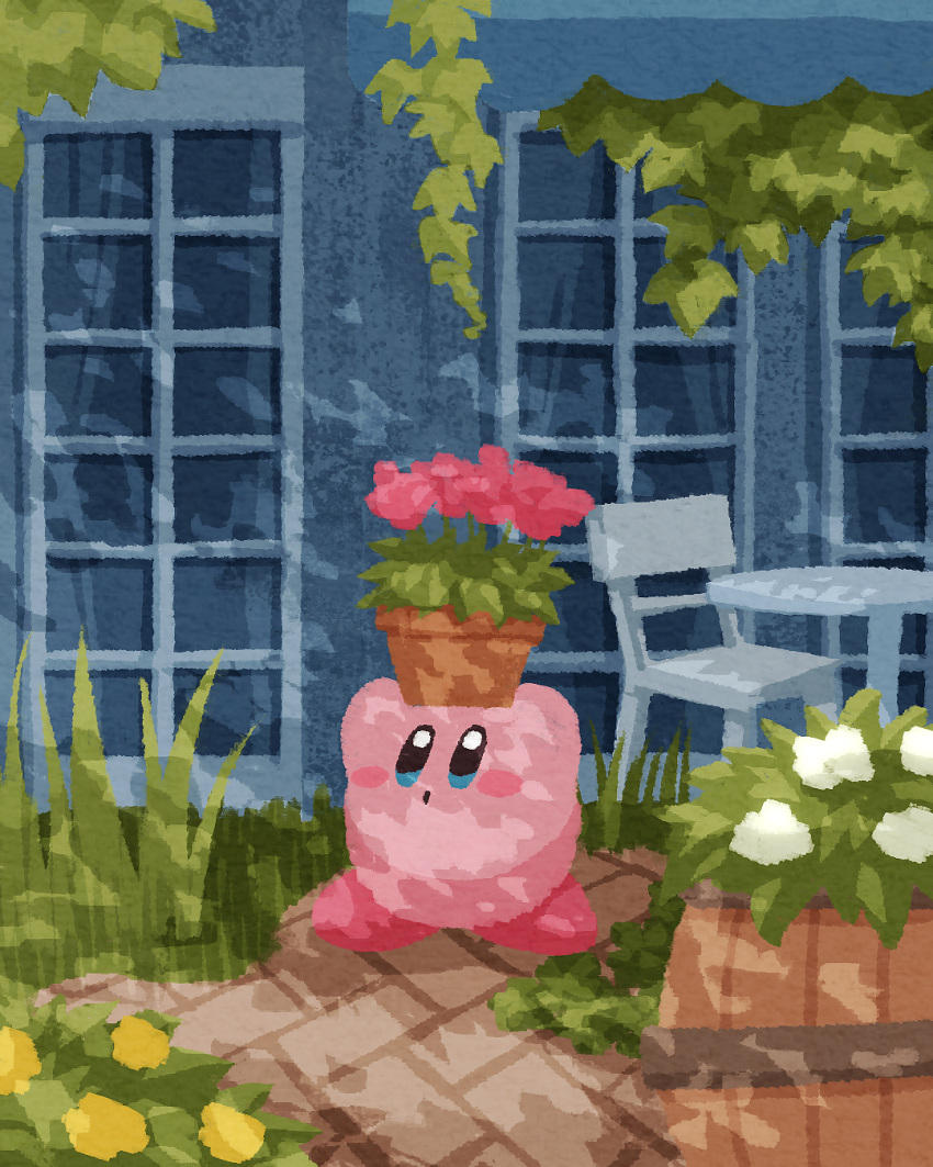 barrel blue_eyes blush_stickers chair flower highres kirby kirby_(series) miclot nature no_humans open_mouth pink_flower plant potted_plant table vines white_flower window yellow_flower