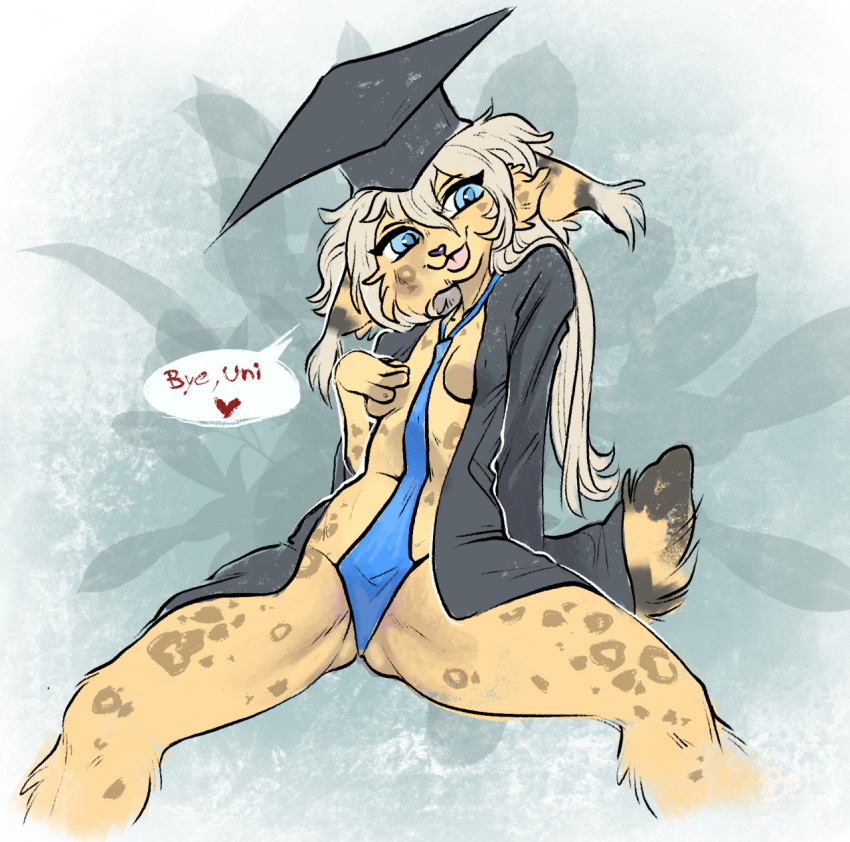 &lt;3 anthro blue_eyes blue_necktie convenient_censorship dialogue ear_tuft felid feline female fur gim_(gimka) gimka graduation_cap graduation_robe hair hand_on_own_breast head_tilt hi_res looking_at_viewer lynx mammal markings necktie nipple_outline simple_background sitting solo spots striped_markings striped_tail stripes tail tail_markings tuft white_hair yellow_body yellow_fur