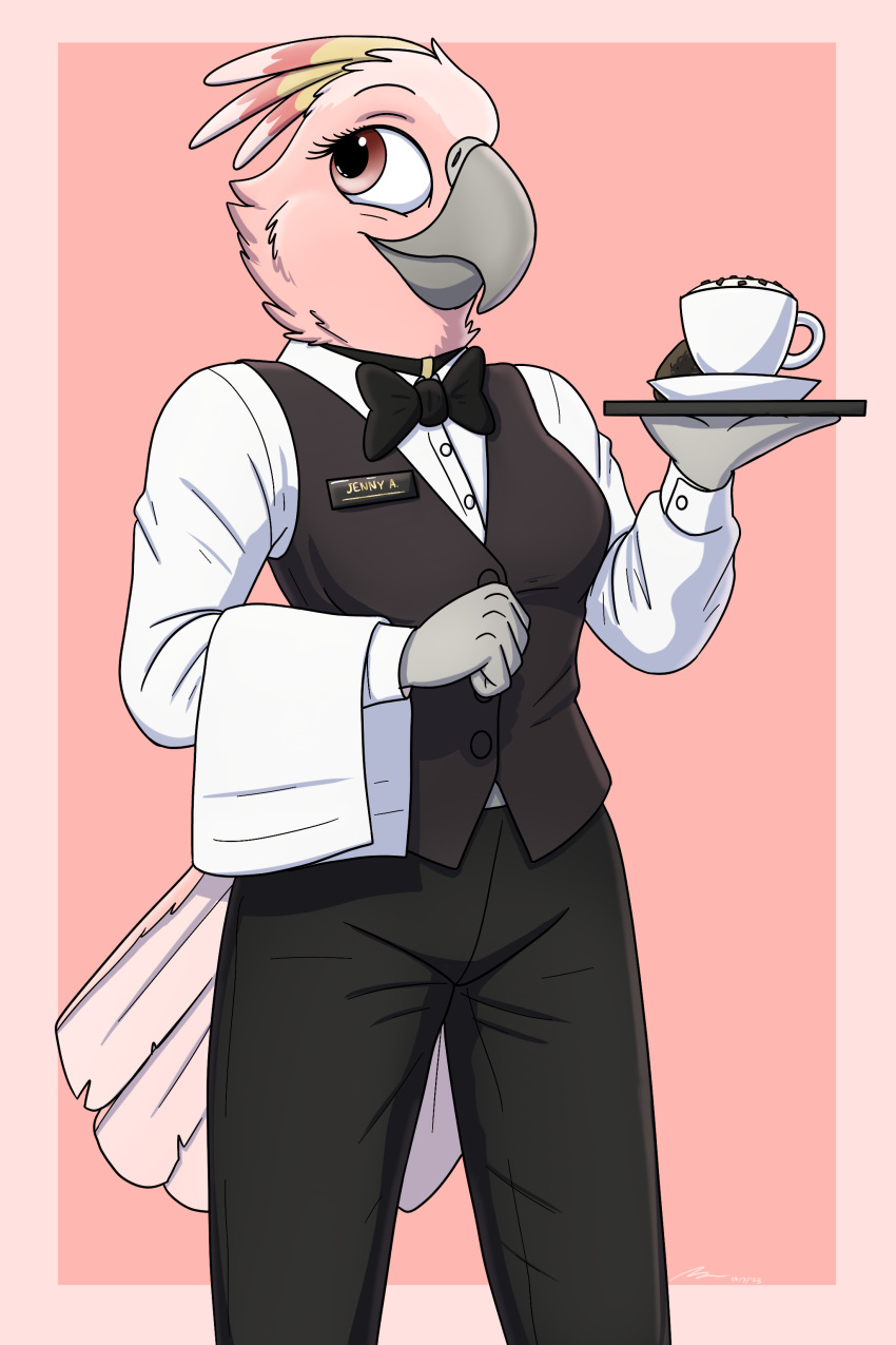 absurd_res avian beverage bird clothing cockatoo coffee coffee_cup container cup cute_expression female hi_res holding_object jenny_(fish_birb) jewelry major_mitchell's_cockatoo necklace parrot uniform waiter waiter_suit waiter_tray