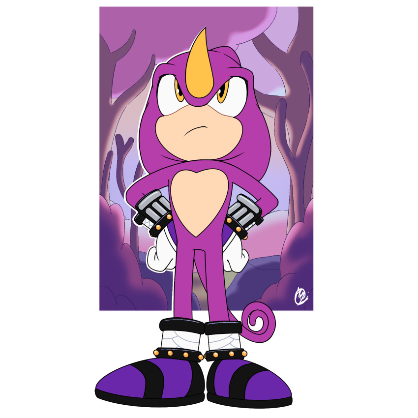 anthro chameleon clothing espio_the_chameleon footwear frown gloves hands_on_hips handwear hi_res horn humanoid innotsu lizard male purple_body reptile scalie sega shoes solo sonic_the_hedgehog_(series) standing tail tan_body