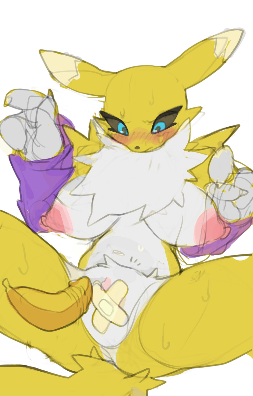 3_fingers absurd_res anthro banana band-aid bandage bandai_namco belly big_breasts biped black_nose blue_eyes blush blush_lines bodily_fluids breasts chest_tuft claws clothed clothed/nude clothing countershade_torso countershading curvy_figure digimon digimon_(species) digital_drawing_(artwork) digital_media_(artwork) embarrassed eyeliner facial_markings female fingers fluffy food fruit fur fur_markings genitals guide_lines head_markings hi_res long_ears looking_at_object looking_down lumpypaca makeup markings navel nipples nude pink_nipples plant purple_clothing pussy raised_arm renamon shaded shoulder_tuft shy simple_background sketch slightly_chubby solo solo_focus spread_legs spreading sweat sweatdrop thick_thighs tuft white_background white_body white_claws white_fur yellow_body yellow_fur