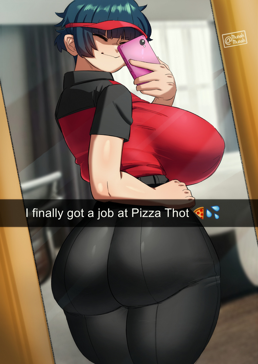 1girl absurdres artist_name black_pants black_shirt breasts closed_eyes commentary crossover curvy employee_uniform english_commentary highres holding holding_phone huge_breasts impossible_clothes impossible_shirt looking_back mai_munah mirror mun_(mai_munah) original pants phone pizza_thot polo_shirt raglan_sleeves red_headwear selfie shirt short_hair short_sleeves snapchat solo thick_thighs thighs tight tight_pants twisted_torso uniform visor_cap