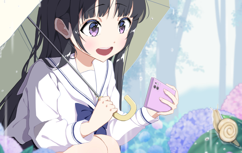 1girl black_hair blue_bow blue_bowtie blurry blurry_background bow bowtie cellphone flower highres holding holding_phone holding_umbrella hydrangea kuroko_(uver-world1009) long_hair open_mouth original phone pink_flower pink_lips purple_eyes purple_flower rain sailor_collar school_uniform shirt smartphone smile snail solo squatting sweater taking_picture umbrella water_drop white_sailor_collar white_shirt white_sweater