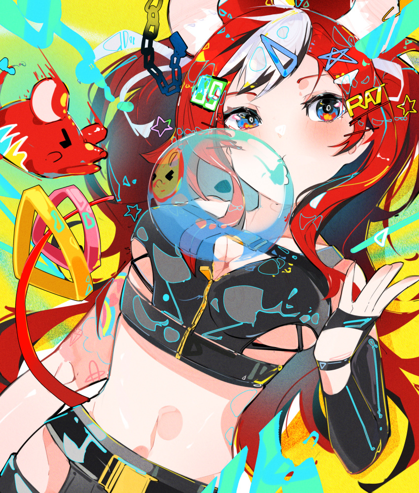 1girl absurdres animal_ears black_gloves black_hair black_tube_top blue_eyes breasts chewing_gum cleavage crop_top elbow_gloves fingerless_gloves gloves hair_ornament hairpin hakos_baelz hakos_baelz_(3rd_costume) highres hololive hololive_english long_hair looking_at_viewer medium_breasts mouse_ears mouse_girl mr._squeaks_(hakos_baelz) multicolored_hair number_hair_ornament official_alternate_costume red_hair sakusa_nn star_(symbol) star_hair_ornament strapless streaked_hair tube_top virtual_youtuber white_hair