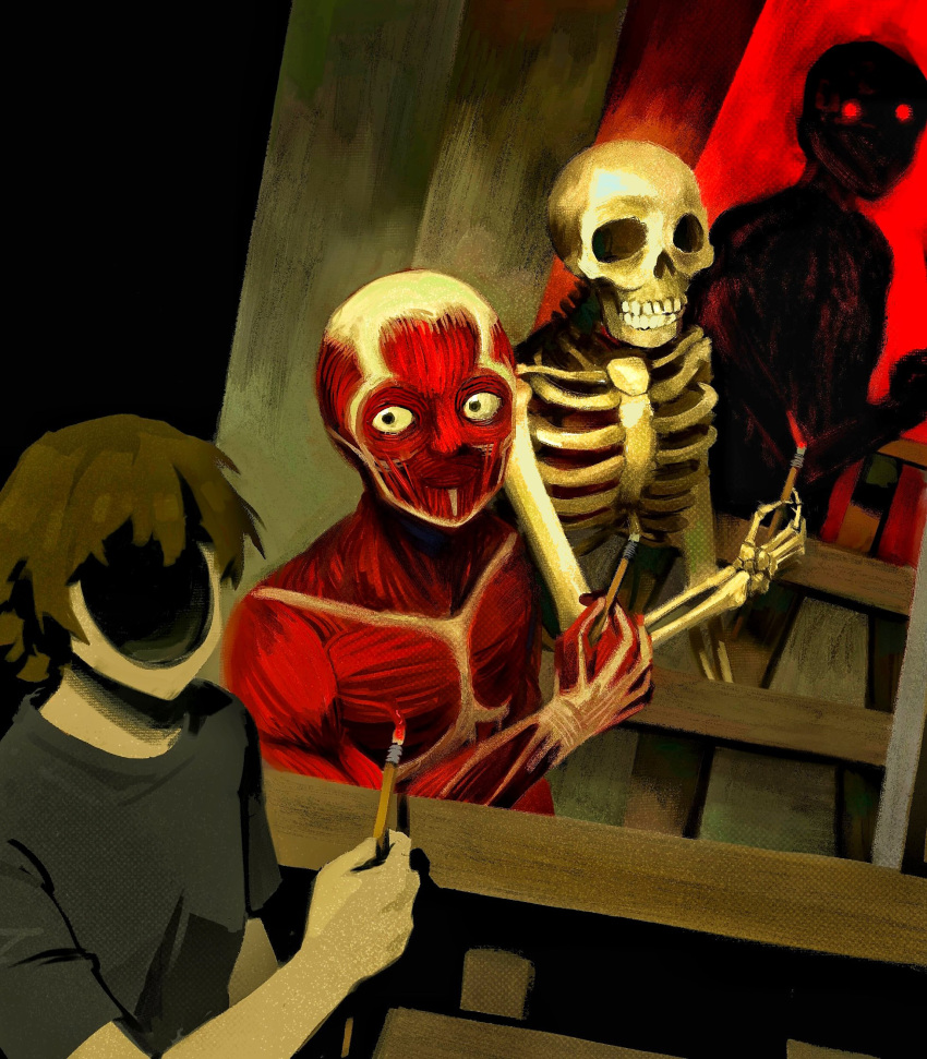 1boy a-kai202 black_background black_eyes black_shirt body_horror brown_hair commentary easel english_commentary exposed_muscle faceless faceless_male glowing glowing_eyes highres holding holding_paintbrush hole_in_head male_focus no_skin original paintbrush painting_(action) red_eyes shadow shirt short_hair short_sleeves skeleton t-shirt upper_body