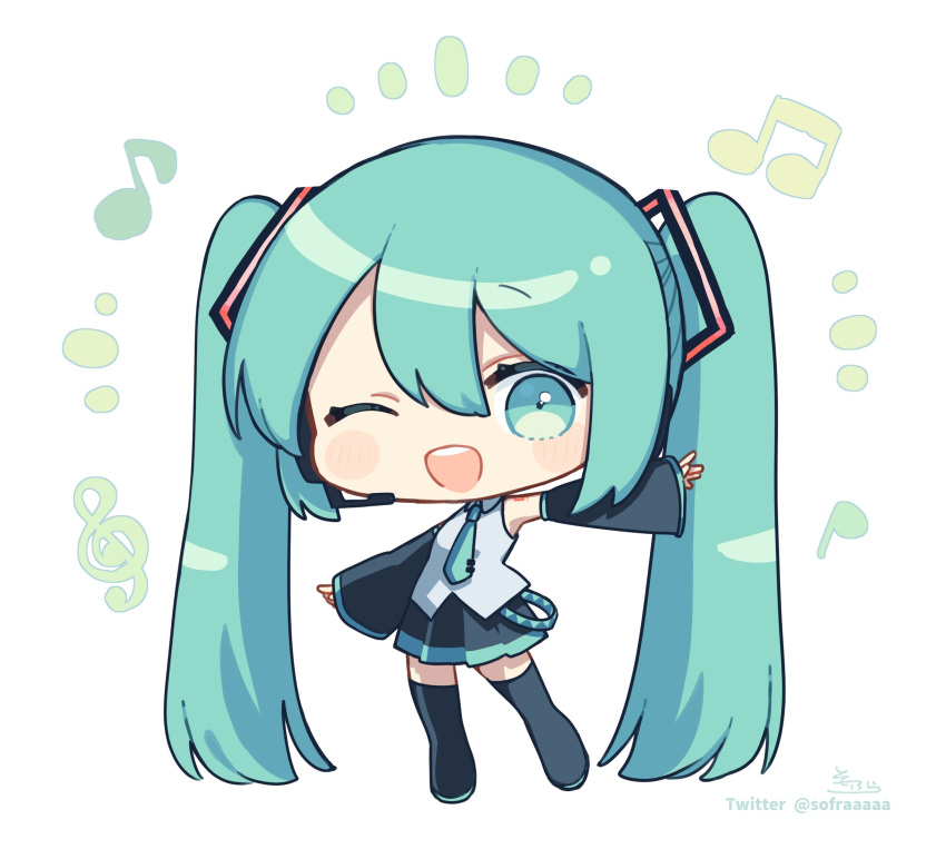 1girl ;d bare_shoulders beamed_eighth_notes black_footwear black_skirt black_sleeves blush_stickers boots chibi collared_shirt commentary_request detached_sleeves eighth_note full_body green_eyes green_hair green_necktie hatsune_miku headset highres long_hair long_sleeves looking_at_viewer musical_note necktie notice_lines one_eye_closed pleated_skirt quarter_note shirt signature skirt sleeveless sleeveless_shirt smile sofra solo thigh_boots tie_clip treble_clef twintails twitter_username very_long_hair vocaloid white_shirt wide_sleeves