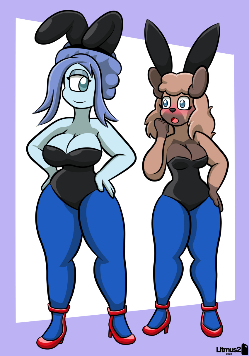 1_eye anthro blue_body blue_eyes blue_hair blue_skin blush breasts brown_body brown_fur bunny_costume canid canine canis clothed clothing costume cyclops digital_media_(artwork) duo fake_ears fake_rabbit_ears female female/female fur generation_1_pokemon generation_7_pokemon hair hi_res koi_(carrot_kiss) legwear leotard litmus2 magnemite mammal nintendo not_furry open_mouth petra_(carrot_kiss) pokemon pokemon_(species) rockruff shaded simple_background smile