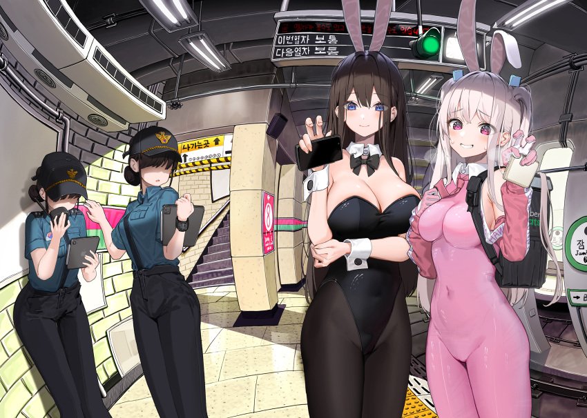 4girls animal_ears black_hair blue_eyes blush bodysuit bow bowtie breasts cellphone covered_navel dduck_kong detached_collar fake_animal_ears feet_out_of_frame food_delivery_box gloves grey_hair grin hair_ornament hair_over_eyes hat highres holding holding_phone holding_tablet_pc ipad large_breasts leotard long_hair looking_at_viewer multiple_girls necktie no_eyes original pants phone pink_eyes playboy_bunny police police_uniform policewoman rabbit_ears smartphone smile standing strapless strapless_leotard subway_station super_bunny_(dduck_kong) sweatdrop tablet_pc uber_eats uniform watch wrist_cuffs