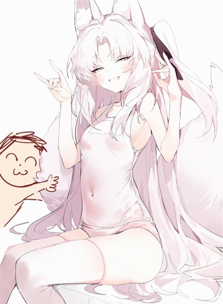 1boy 1girl absurdres animal_ear_fluff animal_ears arona's_sensei_doodle_(blue_archive) bare_shoulders blue_archive blush breasts collarbone commentary covered_navel eyeshadow fox_ears fox_girl fox_shadow_puppet fox_tail grey_eyes grin highres kuzunoha_(blue_archive) long_hair looking_at_viewer makeup multiple_tails one-piece_swimsuit one_side_up red_eyeshadow sensei_(blue_archive) silver_(chenwen) simple_background sitting sleeveless small_breasts smile swimsuit tail thighhighs thighs two_tails very_long_hair white_background white_hair white_one-piece_swimsuit white_thighhighs