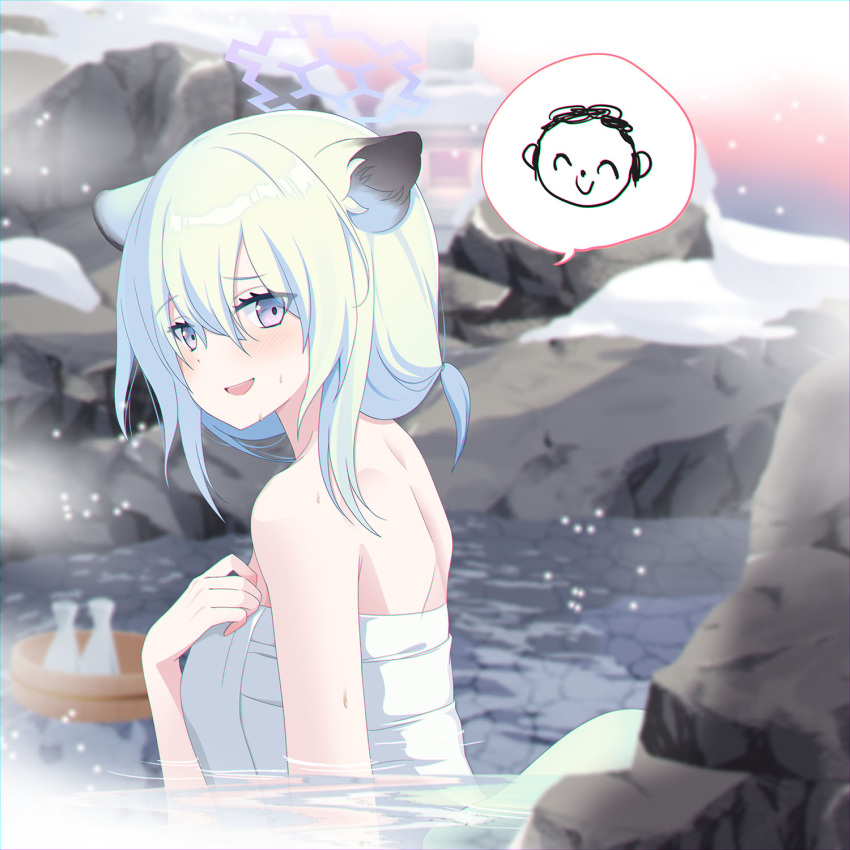 1girl animal_ears arona's_sensei_doodle_(blue_archive) blue_archive breasts eko highres light_green_hair medium_breasts naked_towel onsen open_mouth purple_eyes rock sensei_(blue_archive) shigure_(blue_archive) short_hair solo tail tokkuri towel water weasel_ears weasel_tail