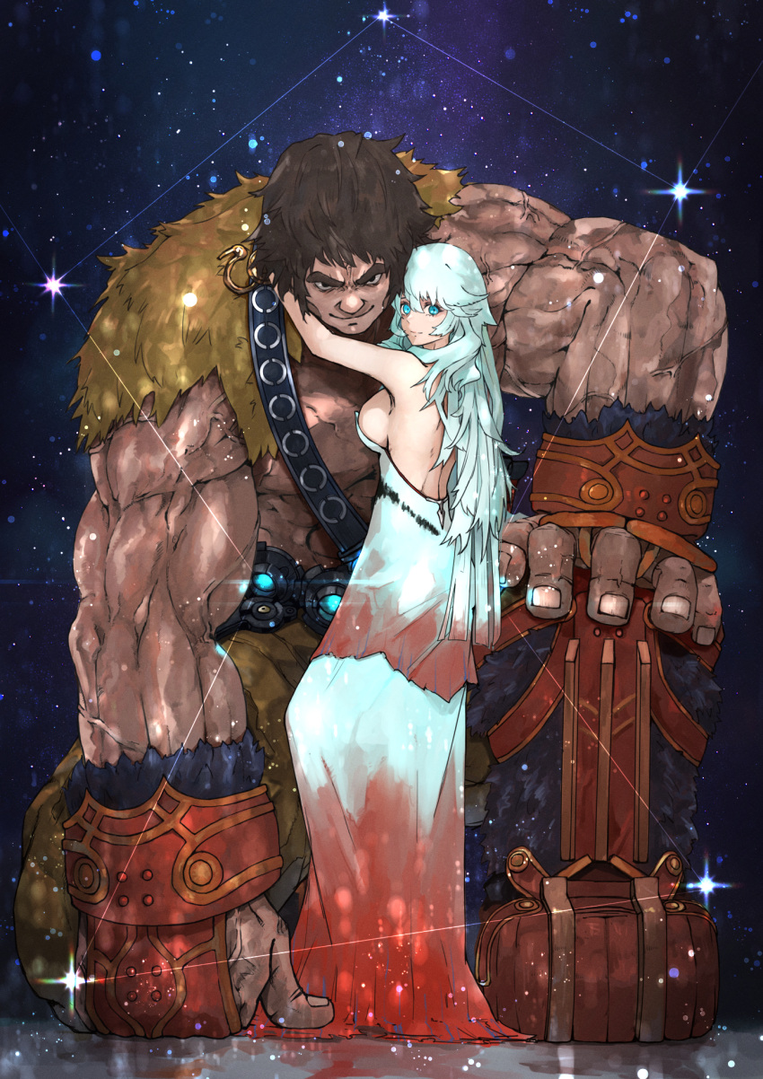 1boy 1girl artemis_(fate) black_eyes blue_eyes boots breasts brown_hair clenched_hand constellation dress fate/grand_order fate_(series) fur-trimmed_boots fur_trim highres hug kdm_(ke_dama) large_breasts long_dress long_hair muscular muscular_male on_one_knee size_difference smile strapless strapless_dress super_orion_(fate) white_hair