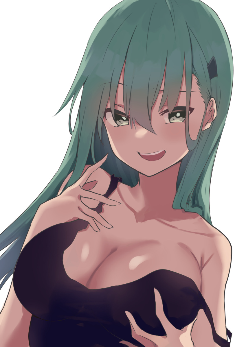 1girl absurdres alternate_costume aqua_hair black_tank_top breasts cleavage collarbone good_meat_day green_eyes hair_ornament hairclip highres kantai_collection lanthan large_breasts long_hair open_mouth simple_background solo strap_slip suzuya_(kancolle) tank_top teeth upper_body upper_teeth_only white_background