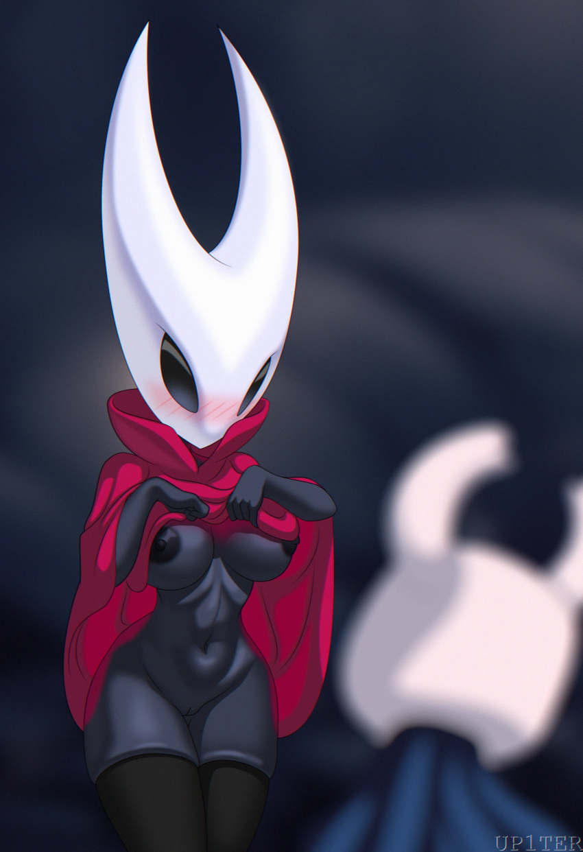 absurd_res ambiguous_gender anthro arthropod big_breasts black_eyes blush breasts cape cape_only clothing duo female female_focus genitals hi_res hollow_knight horn hornet_(hollow_knight) insect legwear mostly_nude nipples non-mammal_breasts non-mammal_nipples pussy skindentation solo_focus stockings team_cherry the_knight_(hollow_knight) thick_thighs up1ter vessel_(species)