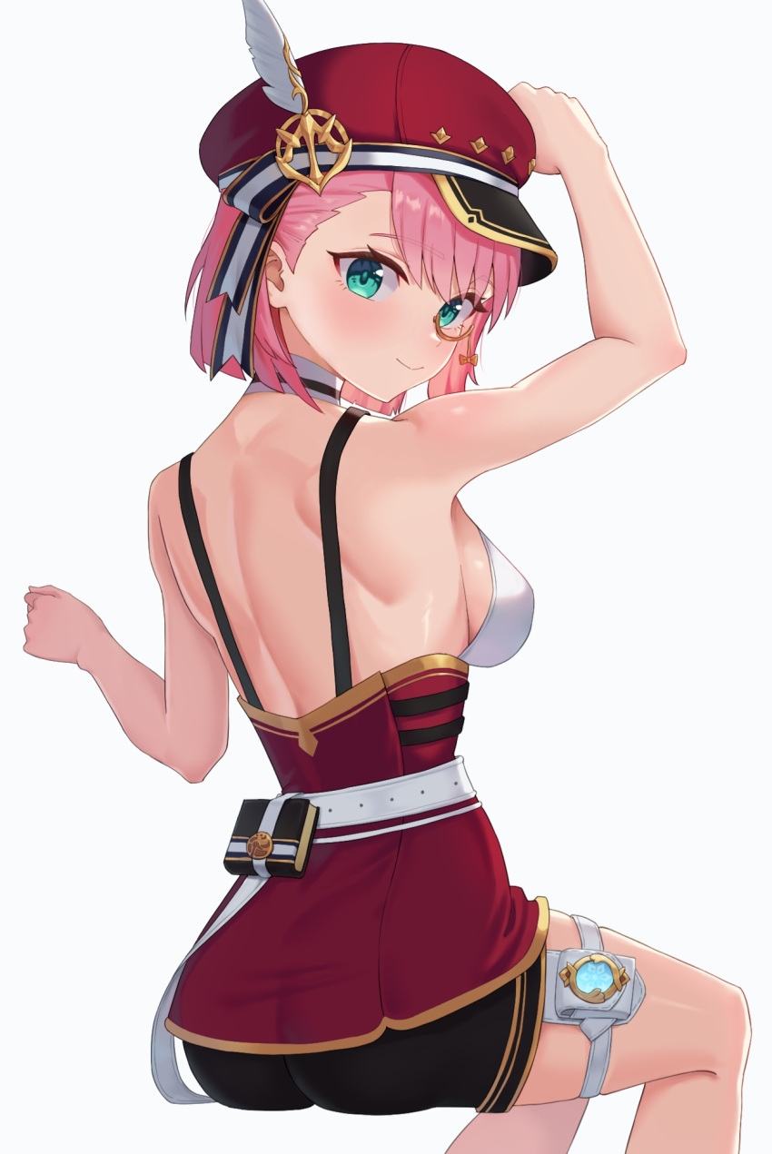 1girl aqua_eyes arm_up ass backless_outfit bare_arms bare_back bare_shoulders beret black_shorts breasts charlotte_(genshin_impact) commentary feet_out_of_frame genshin_impact grey_background hat hat_feather highres invisible_chair kadokadokado looking_at_viewer medium_breasts pink_hair red_headwear red_skirt short_hair shorts simple_background sitting skirt smile solo thigh_strap thighs