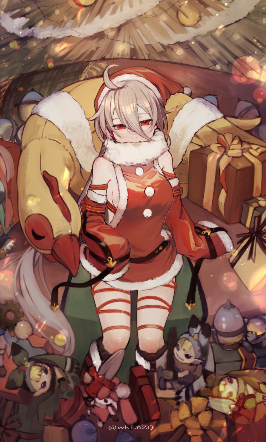 1girl absurdres ahoge breasts christmas christmas_present closed_mouth couch dress gift hat high_collar highres laevateinn_(phantom_of_the_kill) phantom_of_the_kill red_eyes red_footwear santa_dress santa_hat sideboob sitting sleeves_past_wrists solo toy upper_body wklnzq