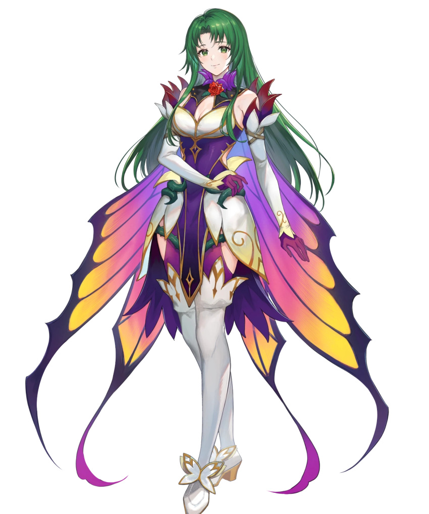 1girl alternate_costume bare_shoulders boots breasts cape cecilia_(fire_emblem) cleavage dress elbow_gloves fire_emblem fire_emblem:_the_binding_blade fire_emblem_heroes flower full_body gloves gold_trim gradient_clothes green_eyes grey_hair haru_(hiyori-kohal) high_heel_boots high_heels highres long_hair looking_at_viewer medium_breasts non-web_source official_art overskirt pelvic_curtain plant short_dress sleeveless smile solo standing thigh_boots thorns transparent_background vines