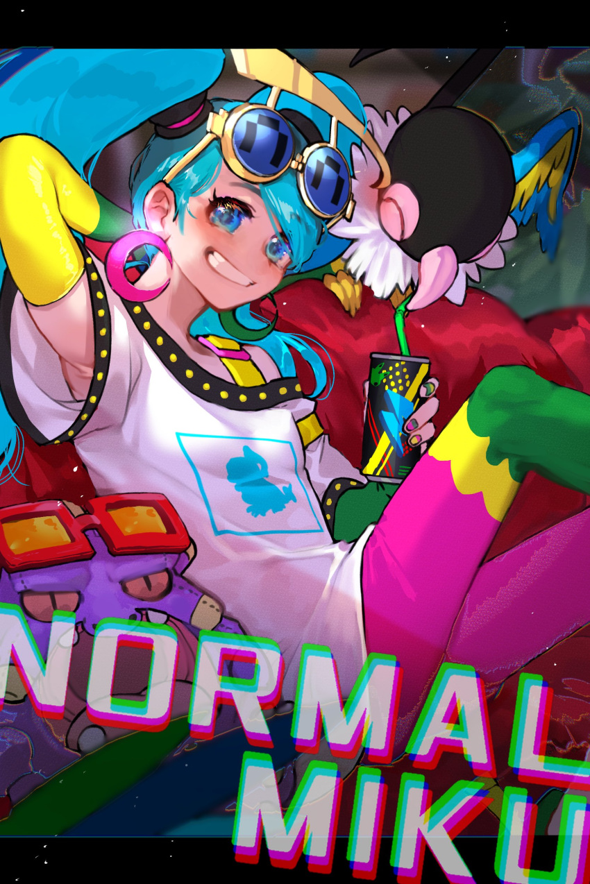 1girl absurdres arm_behind_head arm_up bird blue-tinted_eyewear blue_eyes blue_hair can chatot chromatic_aberration closed_eyes commentary_request couch crescent crescent_earrings drinking drinking_straw earrings exploud eyewear_on_head feet_out_of_frame grin hatsune_miku highres jewelry knees_up long_hair looking_at_viewer multicolored_nails multicolored_pants nail_polish normal_miku_(project_voltage) on_couch open_mouth pants pokemon pokemon_(creature) project_voltage red-framed_eyewear revision shiratori_yokikana shirt sitting smile soda_can sunglasses tinted_eyewear twintails vocaloid white_shirt yellow-framed_eyewear yellow-tinted_eyewear