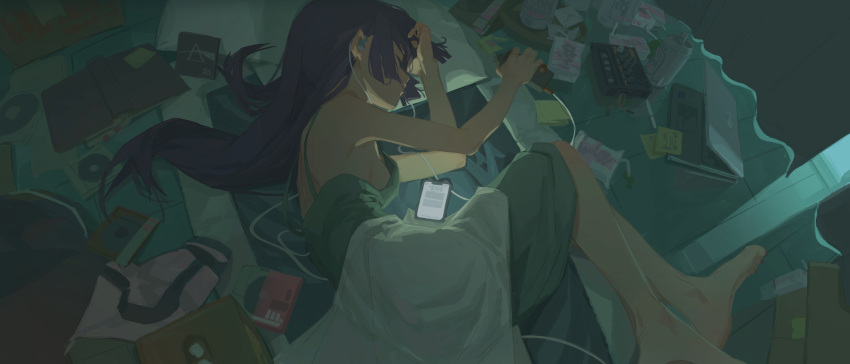 1girl alcohol_carton barefoot beer_can bocchi_the_rock! book breasts can cellphone closed_eyes commentary_request dress earphones glowing green_dress highres hiroi_kikuri indoors jacket last853 long_hair lying medium_breasts nail_polish parted_lips phone pink_floyd purple_hair sideboob smartphone solo unworn_jacket very_long_hair