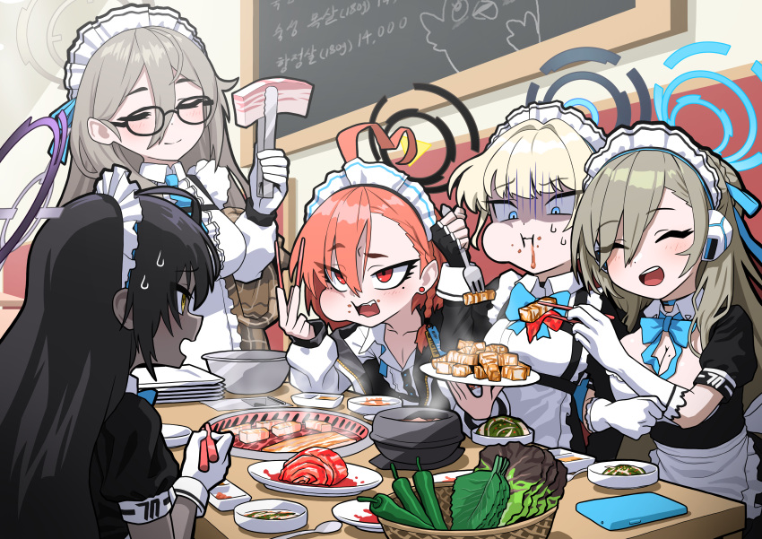 absurdres akane_(blue_archive) apron asuna_(blue_archive) beef blue_archive chalkboard chopsticks cleaning_&amp;_clearing_(blue_archive) cooking dark-skinned_female dark_skin feeding food force-feeding full_mouth glasses grill grilling halo highres holding holding_chopsticks holding_plate karin_(blue_archive) maid maid_apron maid_headdress meat neru_(blue_archive) peroro_(blue_archive) plate sweatdrop toki_(blue_archive) vegetable