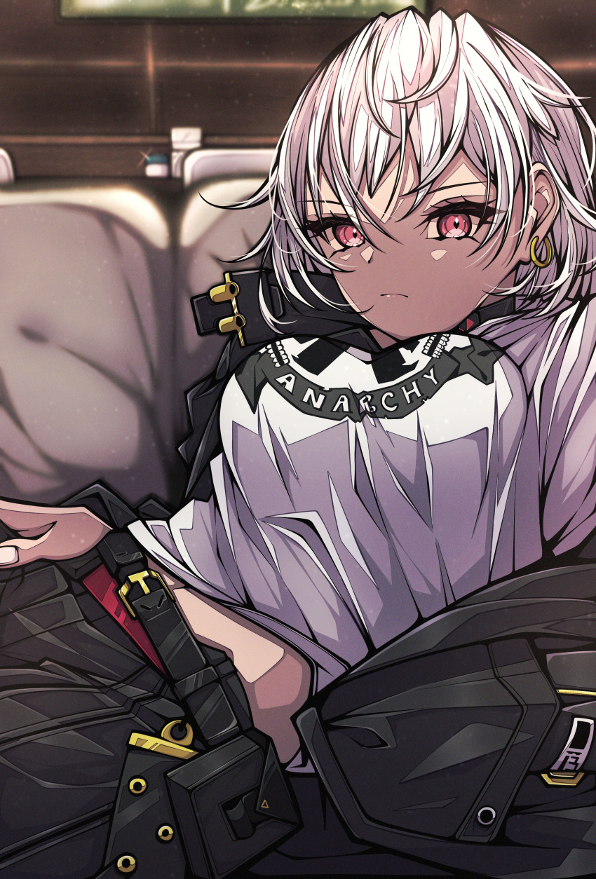 1girl absurdres black_jacket couch dark-skinned_female dark_skin earrings goddess_of_victory:_nikke highres jacket jewelry kakuzatou_(cubesugar03196) red_eyes shirt sugar_(nikke) tan tomboy white_hair