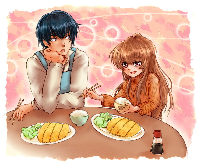 1boy 1girl :d aisaka_taiga apron black_eyes black_hair blue_apron blush bowl brown_eyes brown_hair cabbage chopsticks commentary dress_shirt eating elbow_on_table elbow_rest fang food fruit hair_between_eyes hair_over_shoulder head_rest height_difference holding holding_bowl holding_chopsticks lime_(fruit) lime_slice long_hair looking_at_another looking_at_food looking_to_the_side mao_wan_(pixiv9309504) meal open_mouth orange_background orange_sweater paw_print paw_print_pattern pink_background plate ribbed_sweater rice rice_bowl shirt side-by-side smile soy_sauce sweater table takasu_ryuuji teeth tonkatsu toradora! turtleneck turtleneck_sweater two-tone_background upper_teeth_only white_shirt