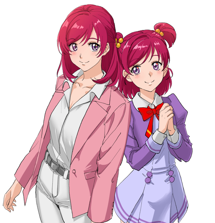2girls age_difference belt bow bowtie closed_mouth collarbone collared_shirt cowboy_shot dress dress_shirt grey_belt grey_dress hair_bobbles hair_ornament height_difference highres jacket kibou_no_chikara_~otona_precure_'23~ l'ecole_des_cinq_lumieres_school_uniform long_hair long_sleeves multiple_girls open_clothes open_jacket own_hands_together pants pink_jacket pleated_dress precure purple_eyes purple_jacket red_bow red_bowtie red_hair school_uniform shirt short_dress sketch smile sozan standing swept_bangs two_side_up white_pants white_shirt wing_collar yes!_precure_5 yumehara_nozomi