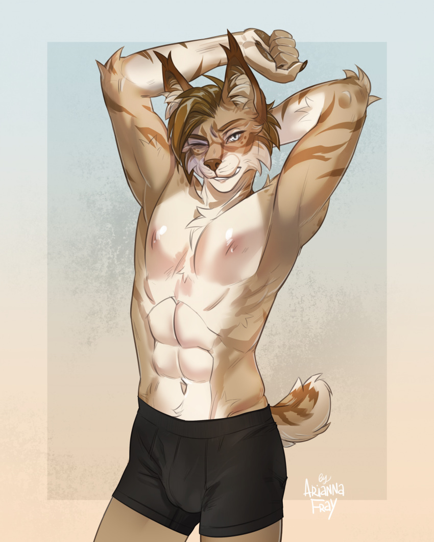 absurd_res anthro ariannafray_pr athletic athletic_anthro athletic_male boxers_(clothing) boxers_only brown_hair bulge chest_tuft clothed clothing felid feline fur hair hand_behind_head hi_res inner_ear_fluff looking_at_viewer lynx male mammal nipples one_eye_closed shirtless short_tail solo standing syera_(wassgrey) tail tan_body tan_fur topless tuft underwear underwear_only