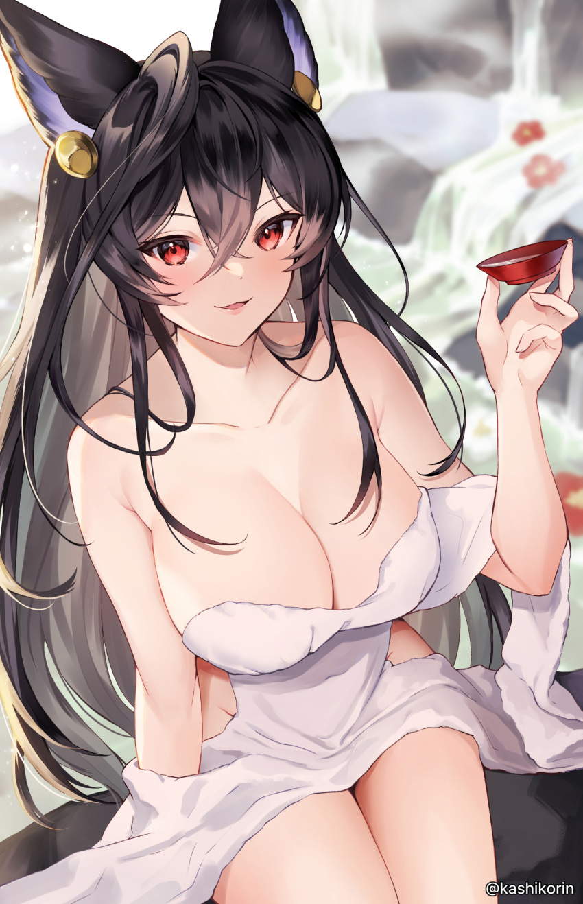 1girl animal_ears black_hair blurry blurry_background breasts choko_(cup) cleavage collarbone covered_navel covering crossed_bangs cup erune flower granblue_fantasy hair_between_eyes hair_ornament highres holding holding_cup ilsa_(granblue_fantasy) ilsa_(yukata)_(granblue_fantasy) large_breasts looking_at_viewer nude_cover onsen open_mouth red_eyes red_flower sitting smile solo steam twitter_username white_towel yuntae