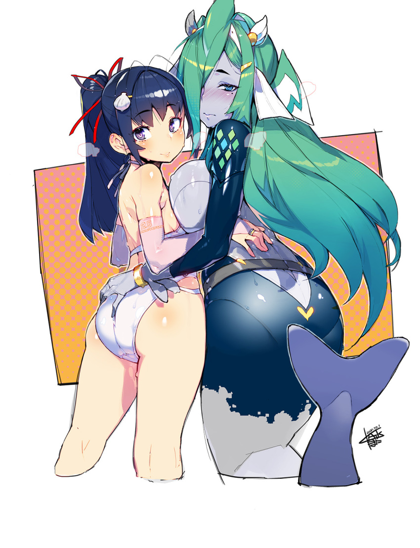 2girls ass ass_grab asymmetrical_bangs asymmetrical_docking black_hair blue_eyes blush blush_stickers bodysuit breast_press breasts bridal_gauntlets colored_skin embarrassed from_behind from_side gloves grabbing_another's_ass green_hair grey_eyes grey_skin groping hair_over_one_eye hair_ribbon halterneck highres large_breasts looking_back mermaid mikogami_izumi monster_girl multiple_girls namaniku_atk pink_gloves ponytail poseidon_sachiko red_pupils red_ribbon ribbon shell_hair_ornament skin_tight small_breasts swimsuit tokyo_necro_suicide_mission trefoil twisted_torso very_sweaty