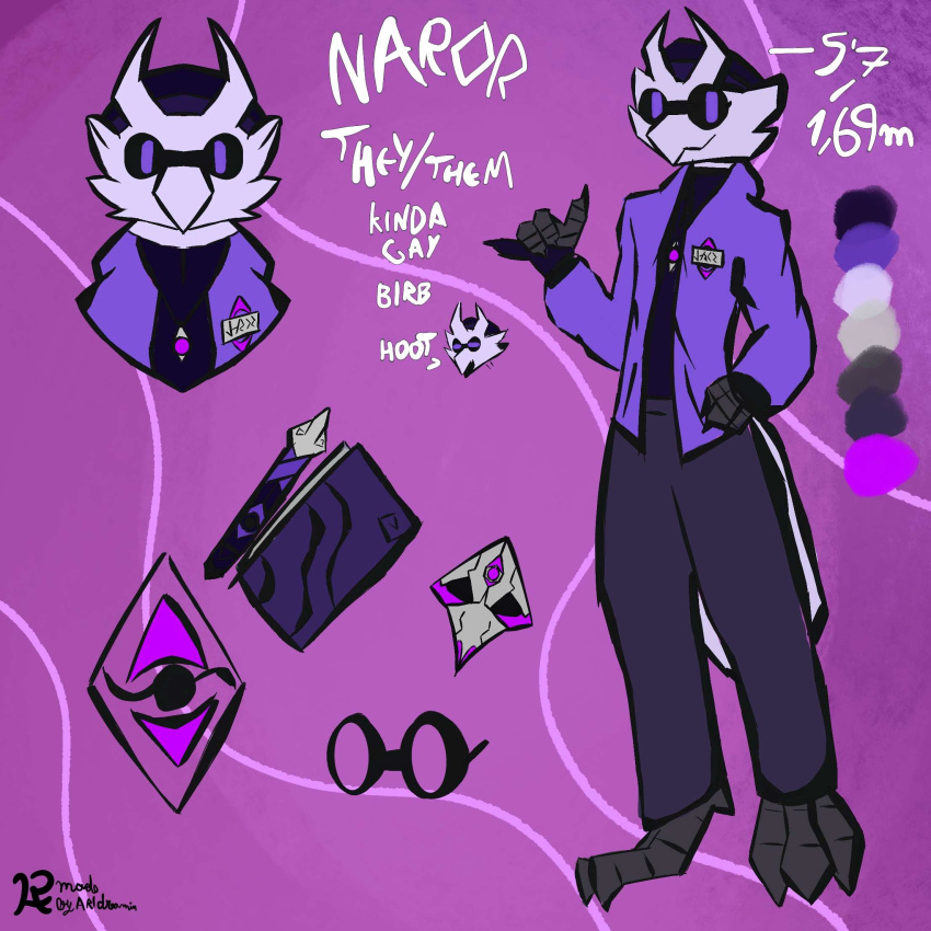 anthro ardling aridr3amin avian bird clothing eyewear flat_colors glasses herm hi_res intersex jacket magic_user male male/male model_sheet naror_(aridr3amin) owl purple_clothing purple_eyes purple_jacket purple_topwear solo stilized topwear