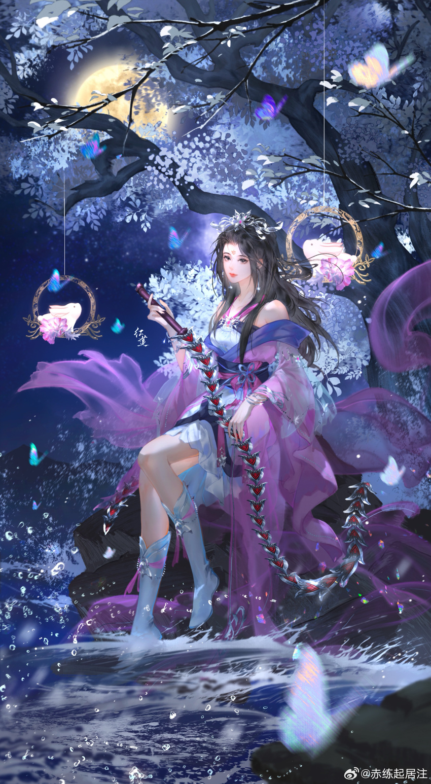 1girl absurdres artist_request bare_shoulders black_hair bug butterfly chi_lian_(qinshi_mingyue) closed_mouth earrings facial_mark forehead_mark glint highres holding holding_weapon jewelry legs night qinshi_mingyue rabbit sash second-party_source sitting smile solo splashing star_(sky) tiara tree water waves weapon whip_sword white_footwear