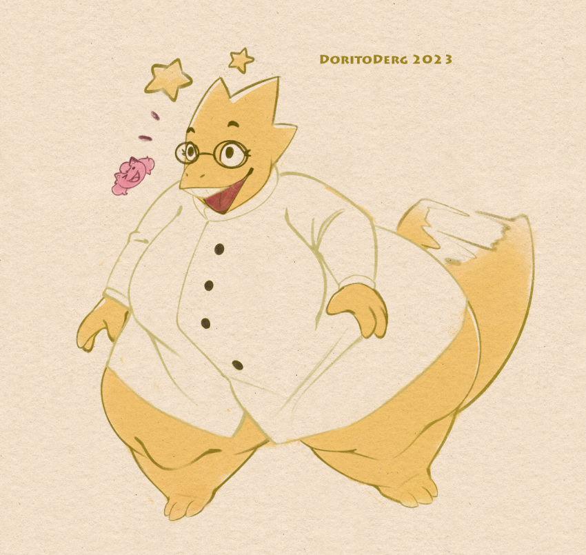 2023 alphys anthro big_breasts breasts buckteeth clothing coat doritoderg emanata eyelashes eyewear female glasses hi_res lab_coat lizard overweight overweight_anthro overweight_female reptile scalie simple_background solo standing tail tail_motion tailwag teeth thick_thighs topwear undertale_(series) wide_hips yellow_body yellow_tail