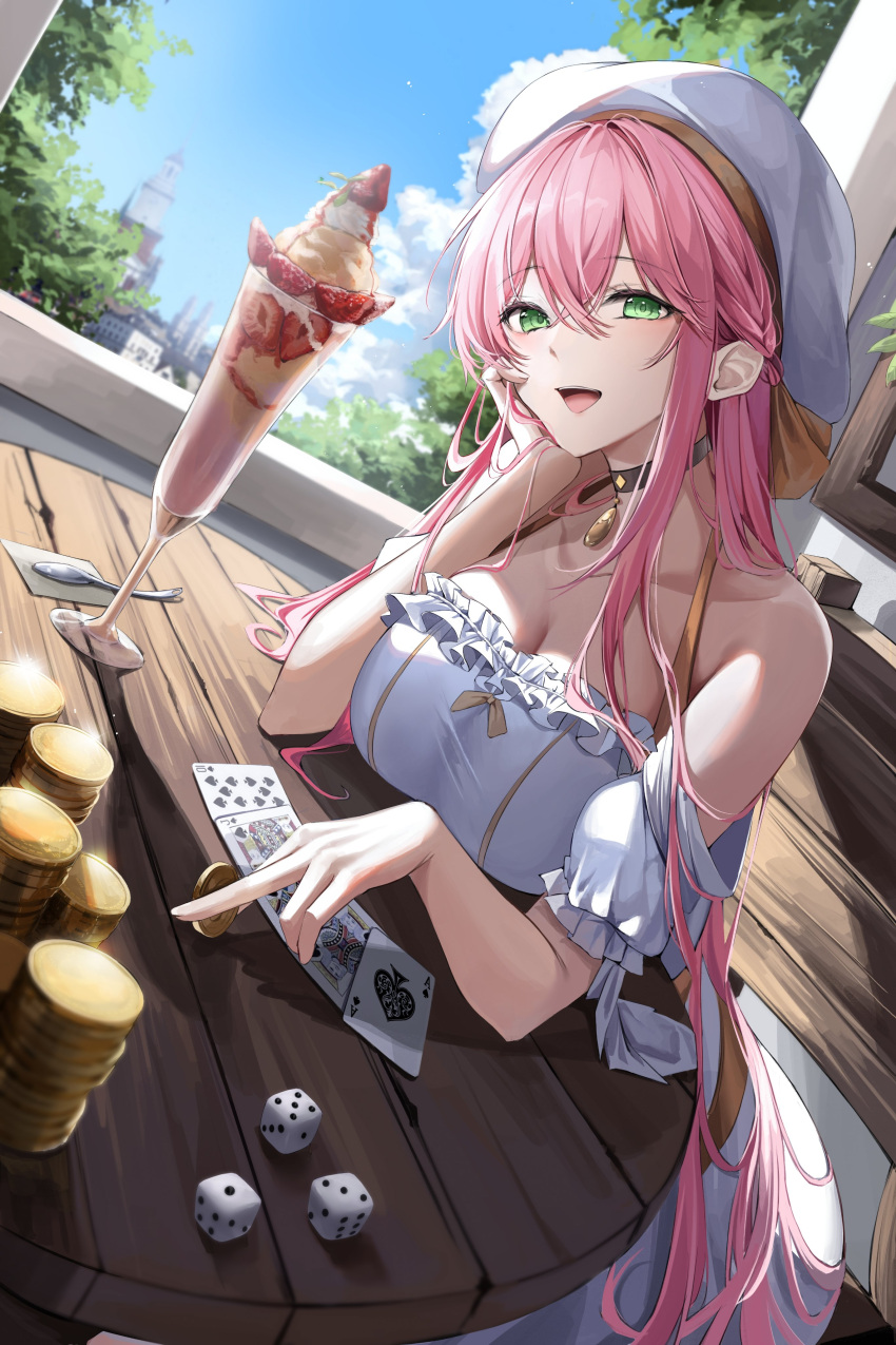 1girl :d absurdres arm_support black_choker breasts building card choker cleavage coin crossed_bangs detached_sleeves dice dress food fruit green_eyes halterneck highres holding holding_coin ice_cream kuro_(rudyan0128) large_breasts looking_at_viewer original pink_hair smile solo strawberry table tree white_dress white_headwear wooden_chair wooden_table