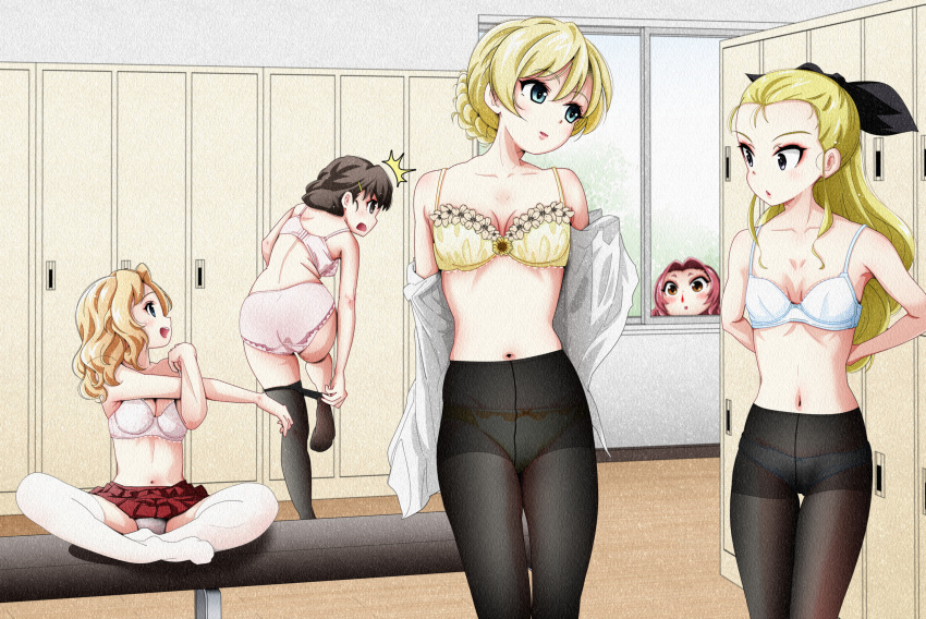 absurdres assam_(girls_und_panzer) bapio black_bow blonde_hair blue_eyes blush bow bra braid breasts brown_eyes brown_hair changing_room cleavage clothes_pull collarbone commission darjeeling_(girls_und_panzer) dressing flower flower_bra french_braid girls_und_panzer hair_bow highres kay_(girls_und_panzer) large_breasts locker long_hair looking_at_another navel nishi_kinuyo open_mouth orange_pekoe_(girls_und_panzer) panties panties_under_pantyhose pantyhose pantyhose_pull parted_lips pink_bra pink_hair pink_panties pixiv_commission pleated_skirt red_skirt shirt shirt_pull sitting skirt small_breasts smile standing thighhighs underwear white_bra white_panties white_shirt white_thighhighs window yellow_bra yellow_flower yellow_panties