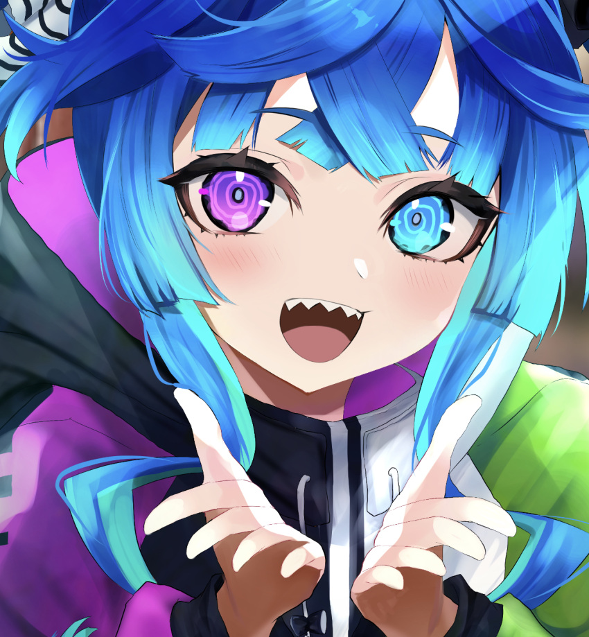 @_@ aged_down ahoge animal_ears blue_eyes blue_hair boots bow commentary cowboy_shot crossed_bangs drawstring ears_through_headwear hair_bow hat heterochromia highres hood hoodie horse_ears horse_girl horse_tail leg_up long_hair long_sleeves looking_at_viewer multicolored_clothes multicolored_hair multicolored_hoodie open_mouth paper_hat paper_kabuto sharp_teeth sidelocks solo striped striped_bow stuffed_animal stuffed_rabbit stuffed_toy tail teeth toa510 twin_turbo_(umamusume) twintails umamusume