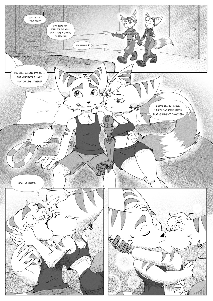 absurd_res anthro casual_clothing clothing comic crop_top dialogue duo ear_piercing ear_ring english_text female hi_res imminent_sex kissing lombax making_out male male/female mammal mechanical_arm monochrome piercing prosthetic ratchet ratchet_and_clank ring_piercing rivet_(ratchet_and_clank) romantic romantic_couple scarletgreninja shirt sony_corporation sony_interactive_entertainment story story_in_description surprised_face text topwear