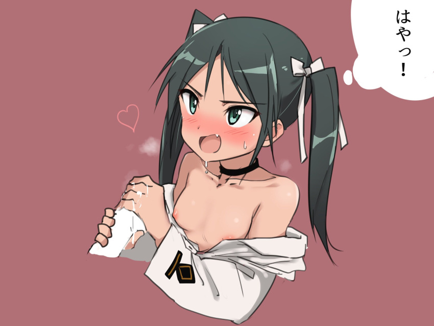 1boy 1girl black_choker blush breasts choker collarbone cum cum_on_hands fang francesca_lucchini green_eyes green_hair hair_ribbon handjob heart highres long_hair military military_uniform nipples no_bra open_mouth red_background ribbon simple_background small_breasts smile strike_witches twintails uniform upper_body world_witches_series yohijikon