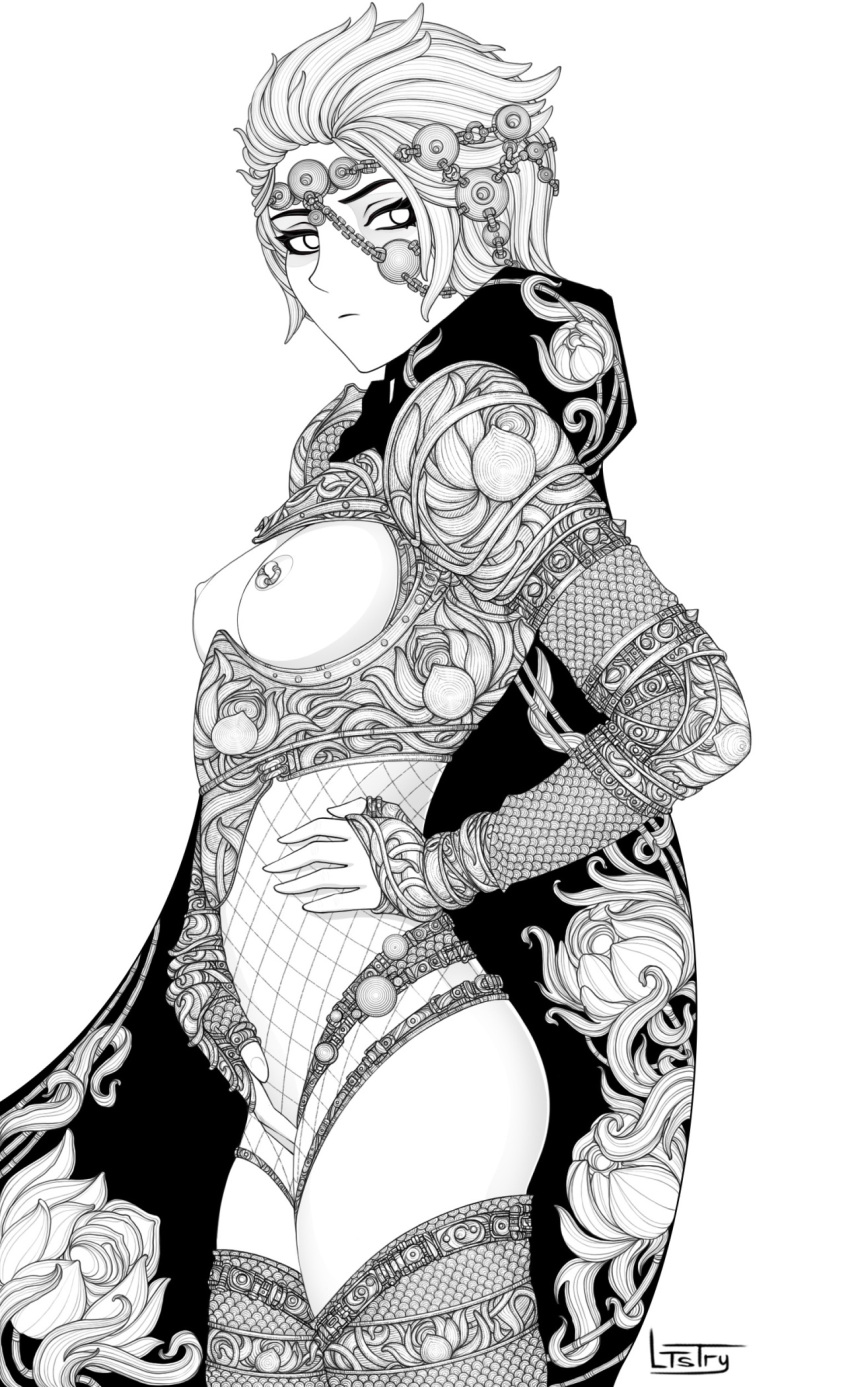 1girl copyright_request greyscale highres looking_at_viewer ltstry monochrome nipples photoshop_(medium) print_cape short_hair signature simple_background single_nipple_piercing solo thighhighs white_background