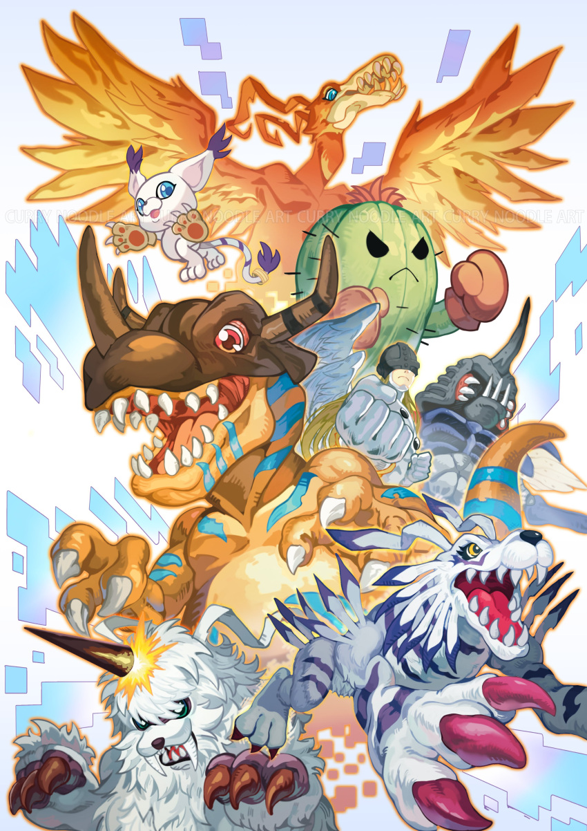 absurdres angemon animal_ears birdramon boxing_gloves bug cactus cat cat_ears claws currynoodle_art digimon digimon_(creature) exoskeleton garurumon gloves greymon highres holy_ring horns ikkakumon kabuterimon open_mouth plant plant_monster rhinoceros_beetle sharp_teeth single_horn spines tail tailmon teeth togemon wings