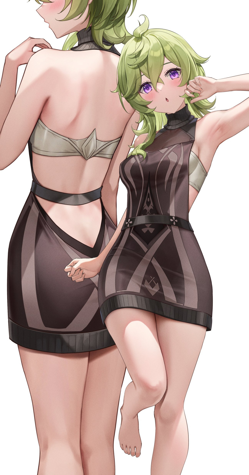 1girl absurdres arm_up armpits backless_dress backless_outfit bare_arms bare_back bare_legs bare_shoulders barefoot belt black_dress bra breasts collei_(genshin_impact) dress facing_back feet genshin_impact green_hair grey_bra hand_up highres leg_up looking_at_viewer lunacle median_furrow medium_hair multiple_views open_mouth parted_lips purple_eyes short_dress sleeveless sleeveless_dress small_breasts standing standing_on_one_leg thighs toes underwear
