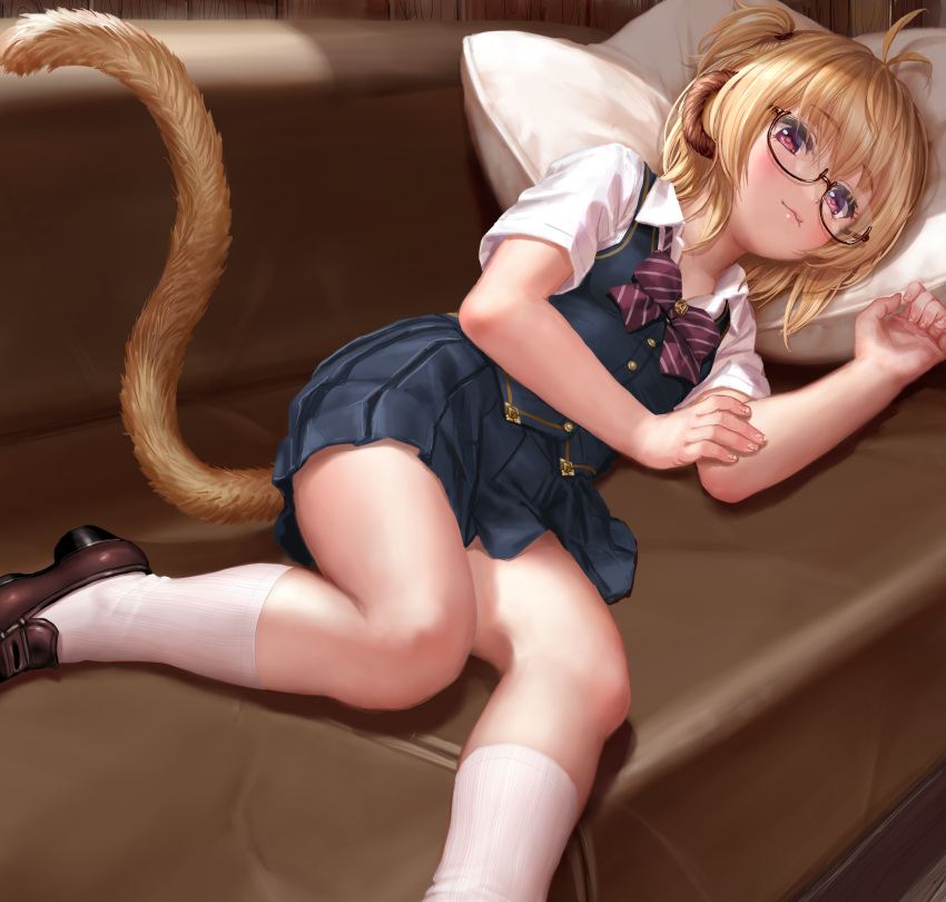 5_fingers animal_humanoid biped blonde_hair clothed clothing eyebrows eyewear female fingers footwear glasses haado hair hi_res humanoid mammal mammal_humanoid monkey_humanoid pillow primate primate_humanoid socks solo tail tailed_humanoid young