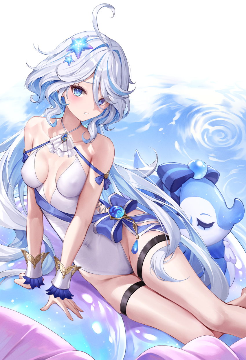 1girl ahoge arm_support bare_shoulders blue_eyes blue_hair breasts breasts_apart collarbone commentary_request covered_navel covered_nipples cowlick criss-cross_halter drop-shaped_pupils focalors_(genshin_impact) genshin_impact hair_between_eyes halterneck highleg highleg_swimsuit highres light_blue_hair light_blush long_hair looking_at_viewer lunacle mademoiselle_crabaletta mismatched_pupils multicolored_hair one-piece_swimsuit parted_lips sideless_outfit sidelocks sitting small_breasts starfish_hair_ornament streaked_hair swimsuit thigh_strap very_long_hair white_hair wrist_cuffs