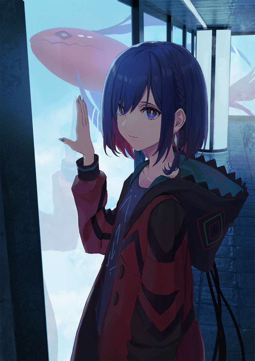 1girl blue_eyes blue_hair blue_nails blue_shirt braid building closed_mouth collarbone colored_inner_hair commentary fish flying_fish from_side hand_on_glass hand_up hastur_(kamitsubaki_studio) highres hood hood_down hooded_jacket indoors jacket kamitsubaki_studio long_sleeves looking_at_viewer looking_to_the_side multicolored_clothes multicolored_eyes multicolored_hair multicolored_jacket nekoreito open_clothes open_jacket red_eyes red_hair red_jacket reflective_floor rim_(kamitsubaki_studio) shirt short_hair side_braid skyscraper smile solo_focus swept_bangs tile_floor tiles virtual_youtuber window yellow_pupils