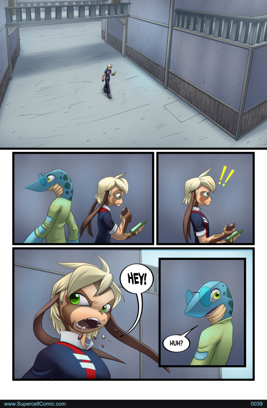 anthro biped blonde_hair blue_body bmbrice clothed clothing colored comic dialogue dialogue_box duo english_text female green_clothing green_eyes hair hi_res humanoid lizard male nazuret_kheilafi open_mouth outside reptile scalie speech_bubble supercell_(comic) tan_body text zeikauko