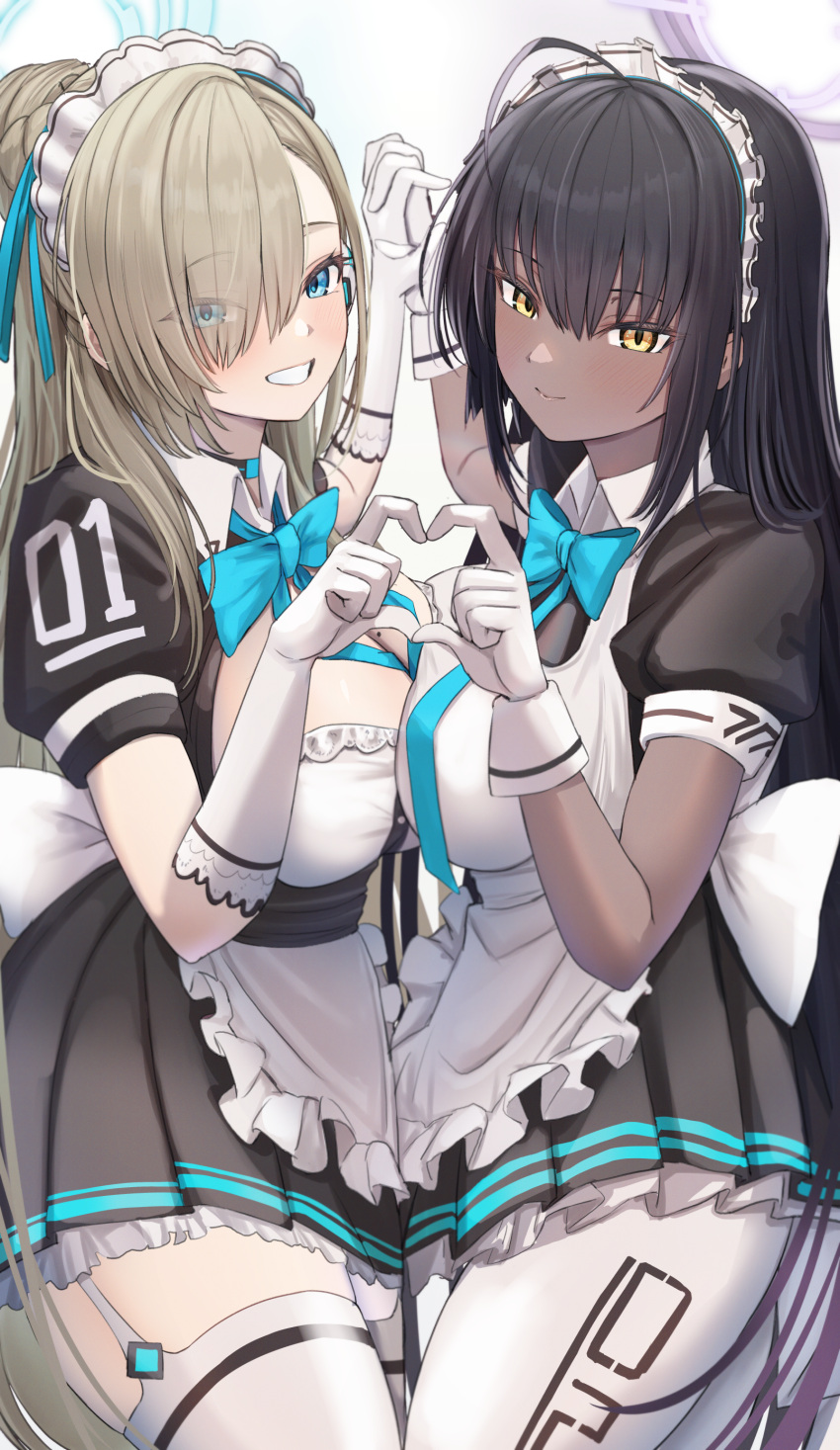 2girls absurdres ahoge apron aqua_bow aqua_bowtie asuna_(blue_archive) asymmetrical_docking black_dress black_hair black_pantyhose black_thighhighs blue_archive blush bow bowtie breast_press breasts cafenami dress frilled_apron frills garter_straps gloves hair_bun hair_over_one_eye halo heart heart_hands heart_hands_duo highres holding_hands interlocked_fingers karin_(blue_archive) large_breasts light_brown_hair long_hair looking_at_viewer maid_apron maid_headdress mole mole_on_breast multiple_girls number_print pantyhose petticoat pleated_dress puffy_short_sleeves puffy_sleeves short_sleeves simple_background single_hair_bun smile thighhighs very_long_hair white_apron white_background white_garter_straps white_gloves