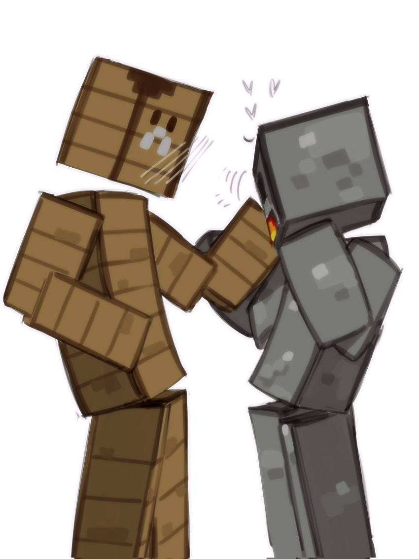 &lt;3 ambiguous_gender animate_inanimate blush blush_lines duo fire for_a_head hand_on_face hi_res humanoid kogito microsoft minecraft mojang object_head rock toony wood xbox_game_studios