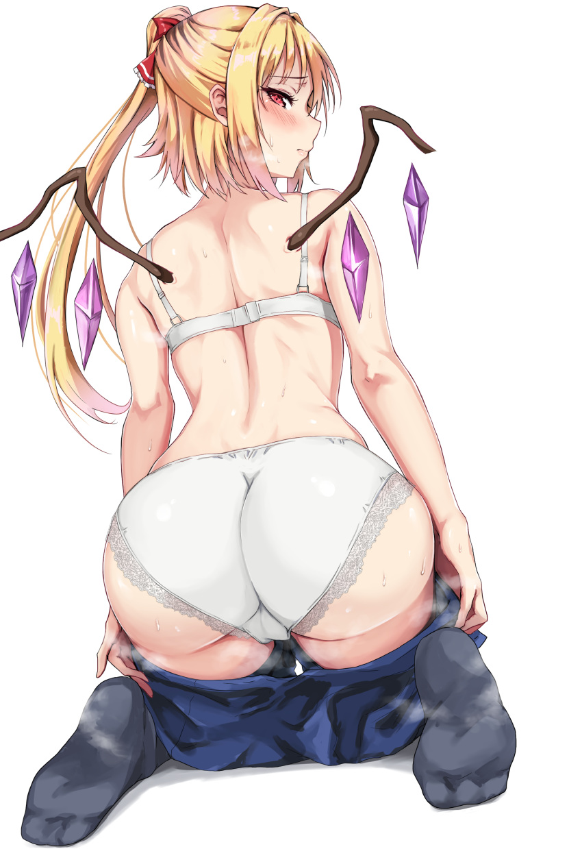 1girl absurdres amagi_(amagi626) ass bat_wings black_socks blonde_hair bra crystal feet flandre_scarlet frilled_panties frills from_behind full_body hair_ribbon highres lingerie long_hair looking_at_viewer looking_back no_shoes one_side_up open_mouth panties red_eyes red_ribbon ribbon see-through_bra see-through_panties seiza sitting socks solo sweatdrop touhou underwear white_bra white_panties wings