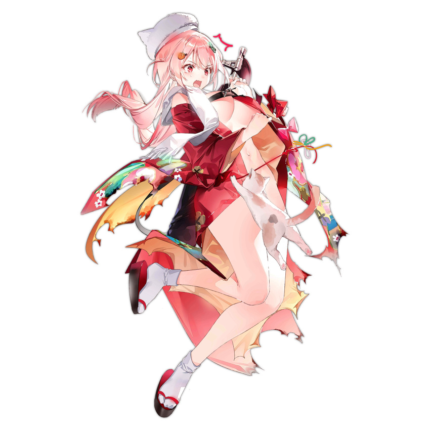 1girl ^^^ animal animal_ear_headwear black_footwear breasts cat dsmile fang full_body girls'_frontline hair_ornament hairclip highres japanese_clothes jumping kimono large_breasts long_hair long_sleeves navel no_bra no_panties obi official_alternate_costume official_art open_clothes open_kimono open_mouth pink_hair red_eyes red_kimono sash scarf simple_background skin_fang socks solo standing standing_on_one_leg surprised sweat tears torn_clothes torn_kimono transparent_background ukm-2000 ukm-2000_(girls'_frontline) ukm-2000_(snowfield_delivery_service)_(girls'_frontline) very_long_hair weapon_case white_cat white_headwear white_scarf white_socks zouri