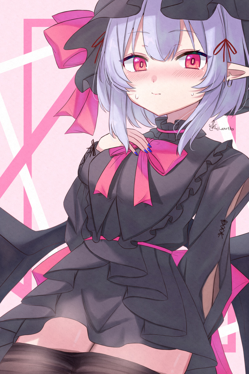 1girl absurdres bat_wings black_headwear black_shirt black_skirt black_thighhighs blush bow bowtie closed_mouth commentary_request cowboy_shot hat highres katsukare long_sleeves looking_at_viewer mob_cap pink_background pointy_ears purple_hair red_bow red_bowtie red_eyes remilia_scarlet shirt short_hair sidelocks skirt solo sweat thighhighs touhou wings